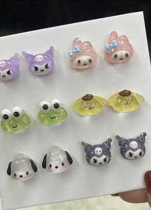 Серьги гвоздики детские hello kitty, my melody, kuromi, keroppi, pompompurin