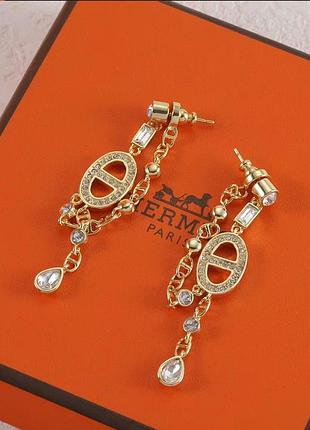 Серьги hermès chaîne d’ancre gold crystal люкс качество