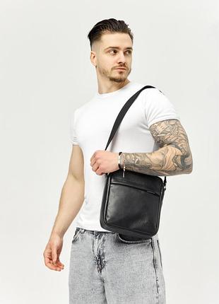 Мужская кожаная сумка через плечо мессенджер sambag makros черная