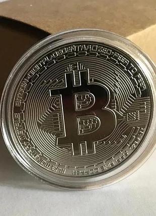 Сувенирная монета bitcoin btc биткойн, в пластиковой коробочке, silver