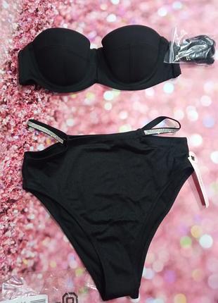 Женский раздельный купальник victoria's secret. формованная чашка бандо и высокие плавки со стразами xs s 32 34 36 a b c