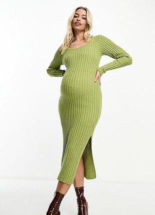 Ефектна оливкова трикотажна в широкий рубчик сукня з розрізом, asos maternity