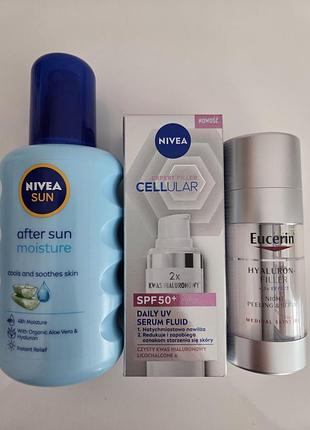 Набір захисний флюїд для обличчя антивіковий nivea cellular expert filler spf 50+ та освіжальний зволожуючий спрей після засмаги nivea sun after sun