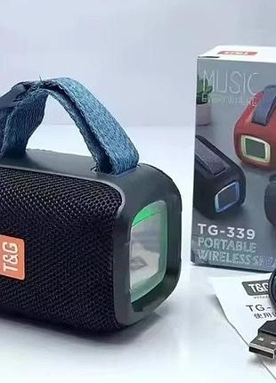 Портативная беспроводная bluetooth колонка t&g tg-339 с мощным звучанием led-подсветкой и ремешком для переноски черный
