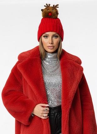 Новогодняя красная шапка с оленем рудольфом, one size