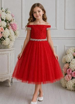 Нарядное красное детское платье "любава" на 5-8 лет