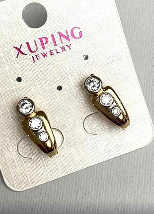 Скидка! серьги xuping с белыми кристаллами 7х18мм+- позолота 18к