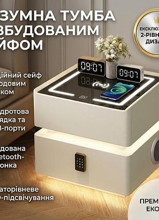 Розумна приліжкова тумба xf01 з вбудованим сейфом, бездротовою зарядкою і bluetooth, біла екошкіра/скло