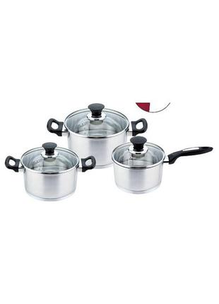 Набор посуды haus roland gs-01139r-6pc, 6 предметов из нержавеющей стали 1,9/3,6/6,1 л, с бакелитовыми ручками. серебристый (gs-01