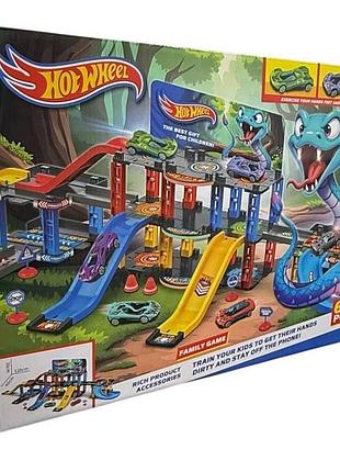 Гоночная трасса на 65 деталей с горками и паркингом hot wheels snake garage