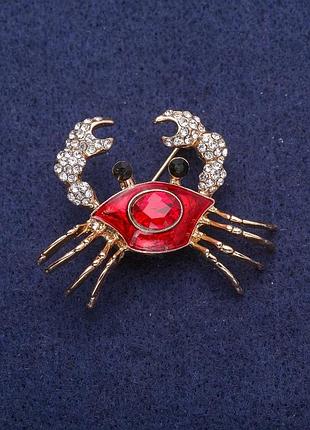 Скидка! брошь краб красная эмаль и стразы, золотистый металл 30х40мм
