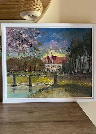 Картина масло холст художник андрусяк пейзаж "сакуры.угород. пешеходный мост" горы украиная подарок