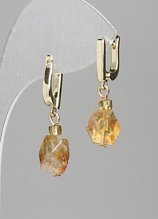Сережки цитрин базироки 12х8мм+- бісер 4 мм+-l-32 мм+-