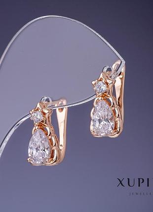Серьги xuping с белыми кристаллами 16х8мм "позолота 18к"