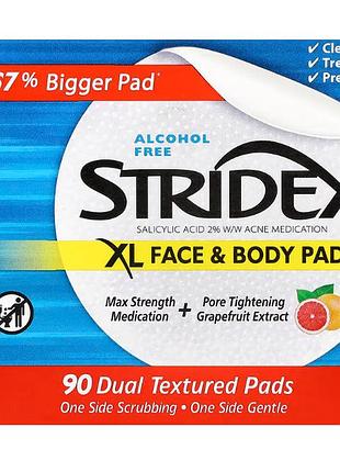 Диски для обличчя й тіла stridex xl face & body pads без спирту 90 дисків