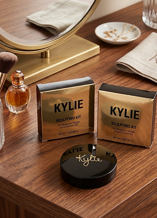 Набор косметики бренда kylie cosmetics компактной пудры и средств для контурирования лица.