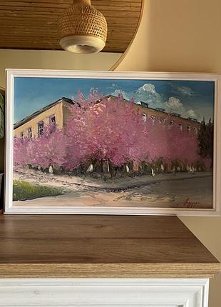 Картина маслом на холсті андрусяк "сакури. ужгород. вул. ракоці" україна подарунок місто пейзаж