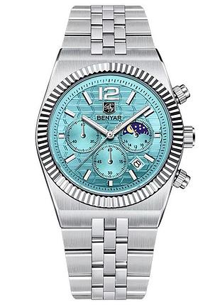 Чоловічий годинник benyar by-5225 silver-blue – стильний хронограф із бірюзовим циферблатом та сталевим браслетом