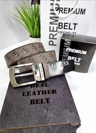 Шкіряний ремінь guess гесс 3.5 см, ремінь гесс, брендовий ремінь, ремінь натуральна шкіра світло-коричневий