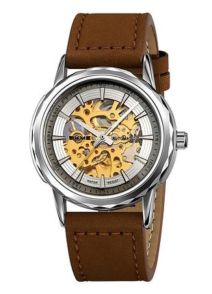 Skmei m035lsidkbn silver-dark brown leather