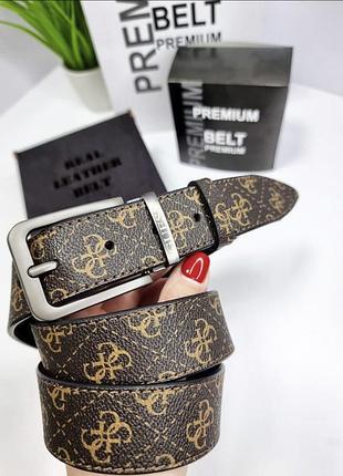 Шкіряний ремінь guess гесс 3.5 см, ремінь гесс, брендовий ремінь, ремінь натуральна шкіра темно-коричневий
