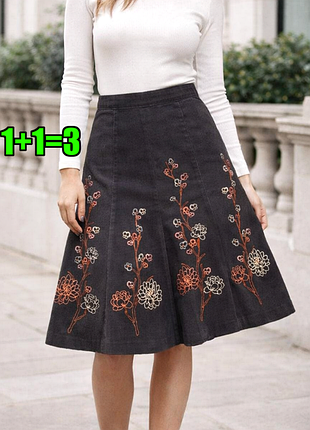 🤩1+1=3** фирменная серая юбка миди с вышивкой laura ashley, размер 50 - 52