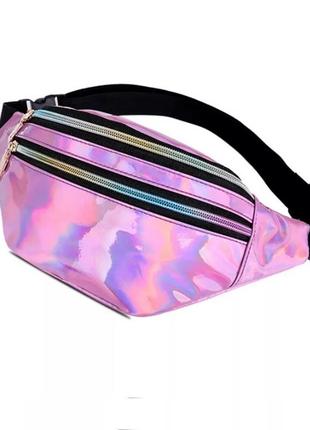 Блискуча жіноча сумка бананка голограма рожева