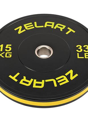Бамперні диски гумові bumper plates zelart ta-4790-15 51мм 15кг чорний-жовтий