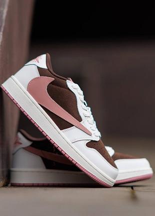 Женские кроссовки nike air jordan 1 low x travis scott white brown pink