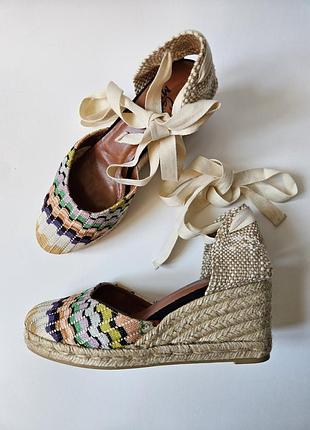 Женские эспадрили missoni оригинал, брендовые текстильные босоножки на танкетке с завязками missoni