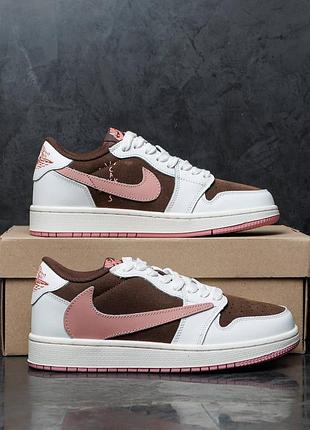 Женские кроссовки nike air jordan 1 low x travis scott white brown pink