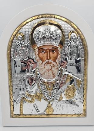 Икона николай чудотворец 20х25см арочной формы на белом дереве