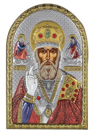 Икона николай 5х7см серебряная на пластику украшена разноцветной эмалью