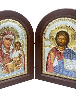 Диптих икон ерусалимская богородица и иисуса 15х21см серебряный оклад украшеный разноцветной ємалью