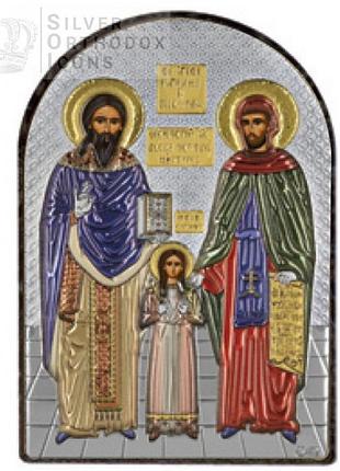 Икона св. рафаил, николай и ирина 5х7см серебряная на пластику украшена разноцветной эмалью