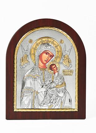 Страстна "неустанної допомоги" срібна ікона божої матері 8,1х9,7см арочної форми на дереві