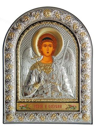 Ангел хранитель 12х15,5 см срібна ікона під склом, обгорнута темною шкірою (греція)