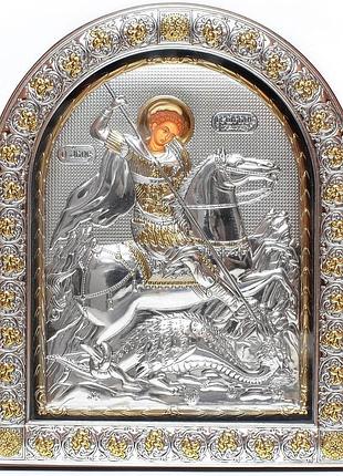 Серебряная икона георгия победоносца 21х26см в арочном киоте под стеклом