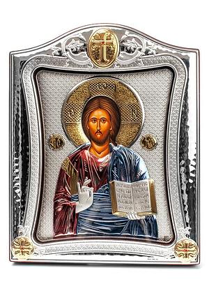 Серебряная икона спаситель иисус 15,5х19,5см в серебренной рамке украшена позолотой и эмалью
