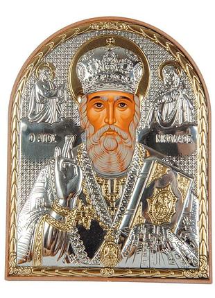Серебряная икона николай чудотворец 15,5х12см арочной формы в пластиковом киоте 8,5х10,5