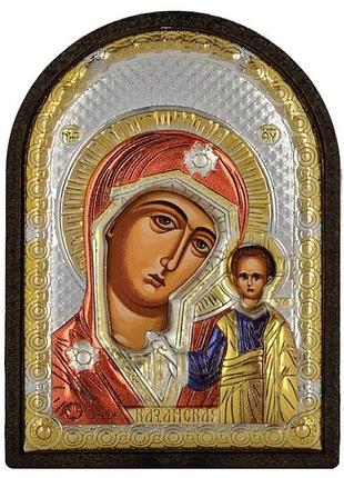 Икона казанская божья марит 4,2х5,8см серебряная на пластику украшена разноцветной эмалью