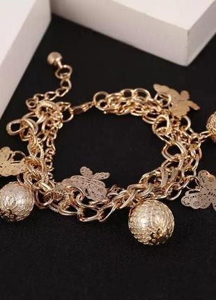 Тройной браслет- кольца с бабочками и жемчугом, золотистый браслет8 фото