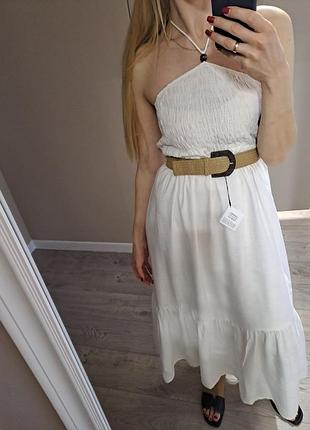 Летнее белое платье сарафан с поясом от испанского бренда zara