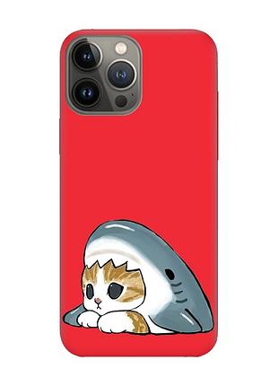 Матовый красный чехол на apple iphone 13 pro котик акула (принт 421)
