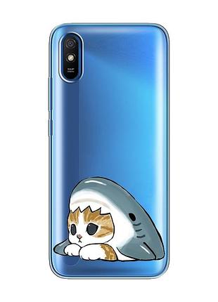 Прозрачный чехол на xiaomi redmi 9a котик акула (принт 421)