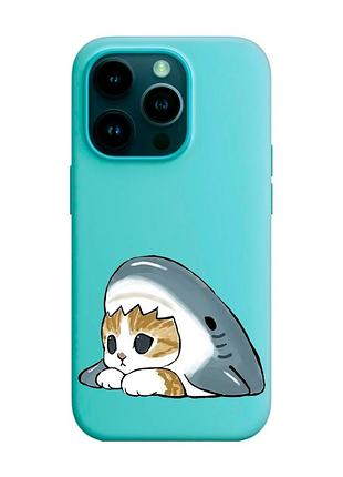 Матовый бирюзовый чехол на apple iphone 14 pro котик акула (принт 421)