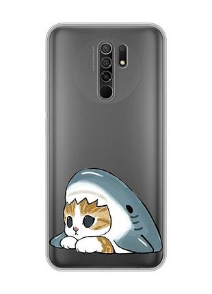 Прозрачный чехол на xiaomi redmi 9 котик акула (принт 421)