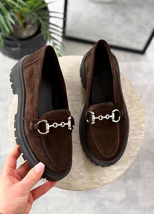 Натуральная замша, классные шоколадные женские лоферы