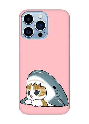 Матовый розовый чехол на apple iphone 13 pro max котик акула (принт 421)