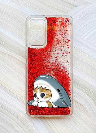 Чохол з плаваючими червоними блискітками на xiaomi redmi note 11 pro котик акула (принт 421)